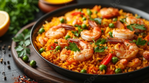  A close-up photo of a plate filled with shrimp, rice, peas, carrots, and parsley