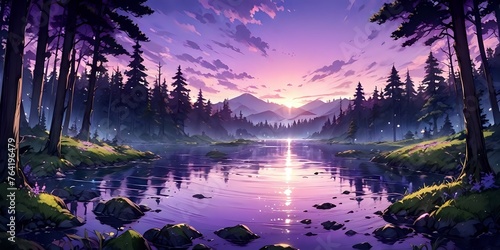 Lake landscape, purple background, anime wallpaper