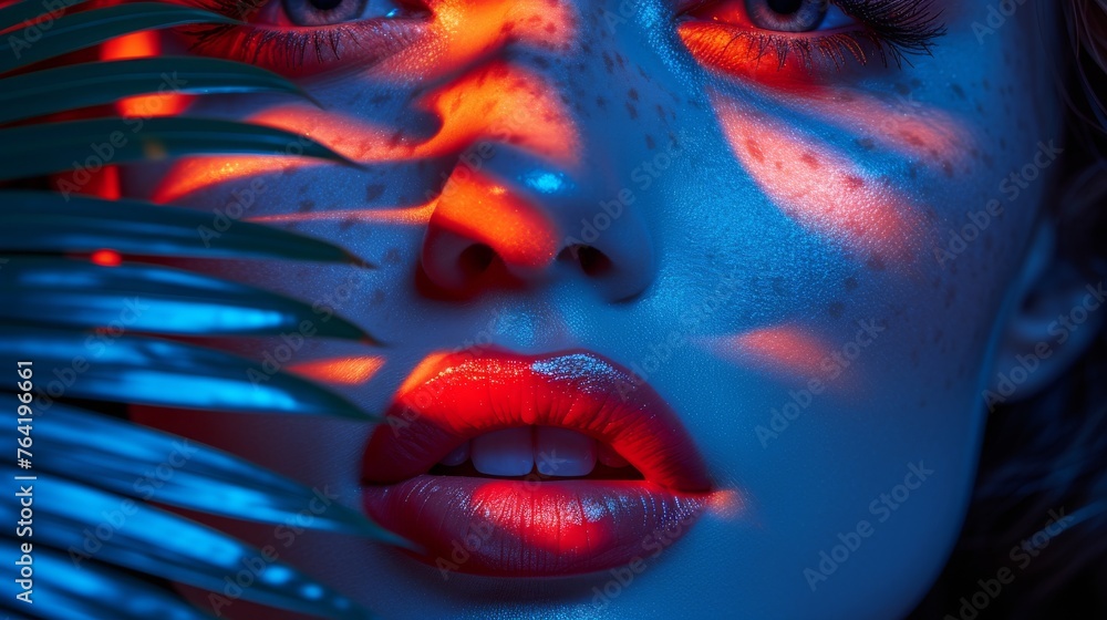 A close-up portrait of a woman with red and blue lights illuminating her face and palm fronds positioned in front A close-up portrait of a woman with red and blue lights illuminating her face and palm fronds positioned in front