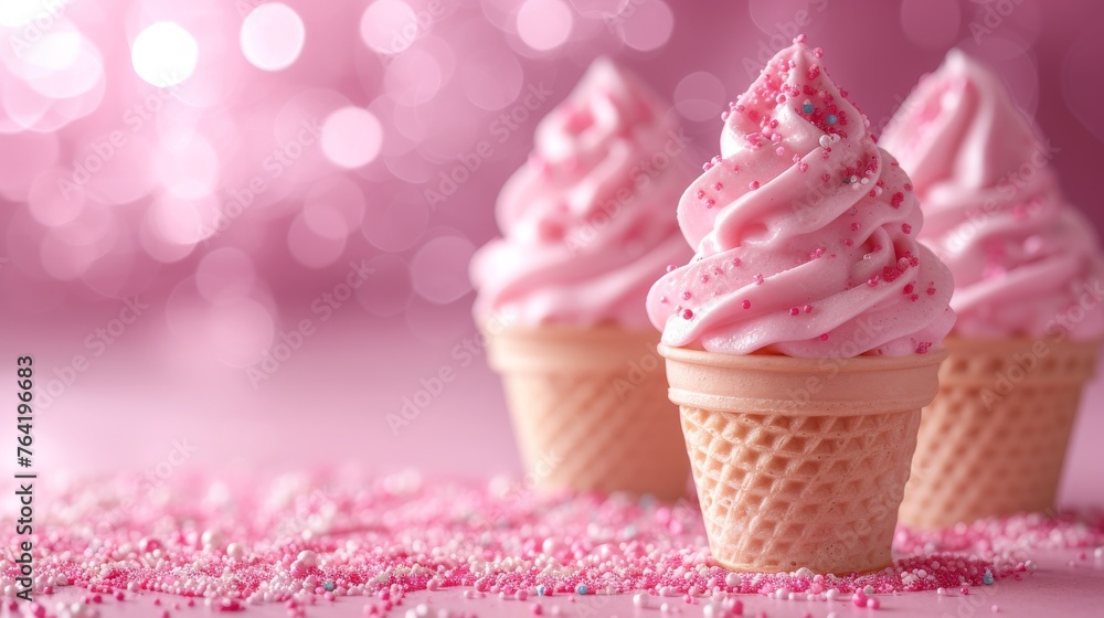Three cones with frosting & sprinkles on pink back, lit by pink/white lights Three cones with frosting & sprinkles on pink back, lit by pink/white lights