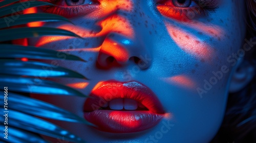  A close-up portrait of a woman with red and blue lights illuminating her face and palm fronds positioned in front