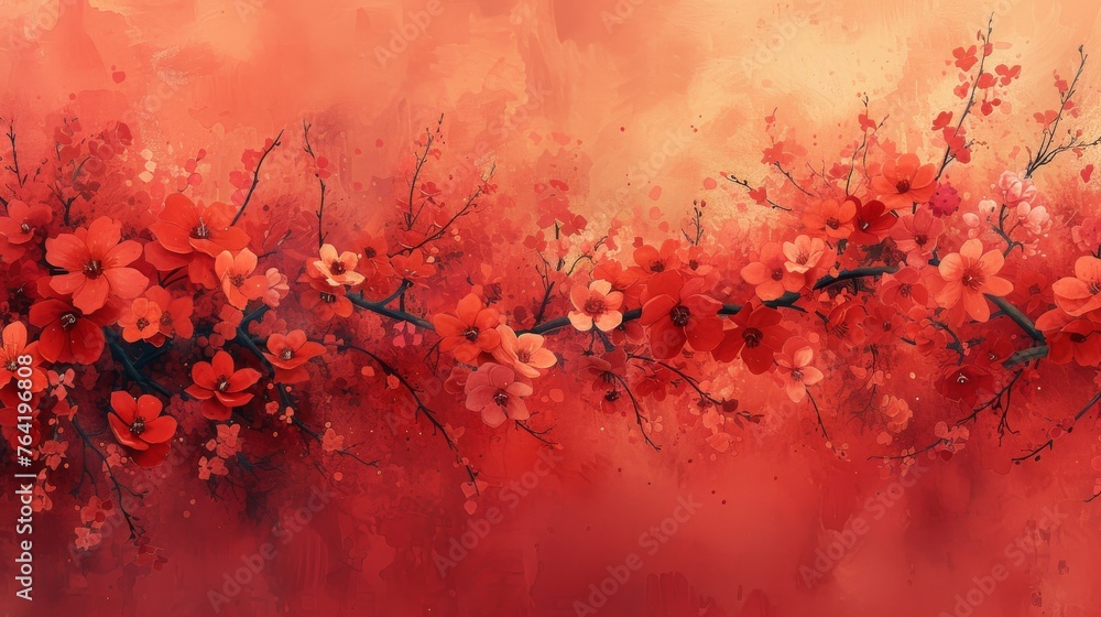  A painting of a red branch with red flowers against an orange-red background, set against a red sky - obrazy, fototapety, plakaty 