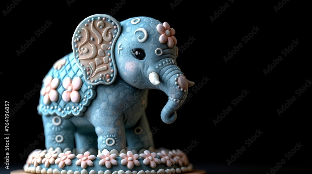  A blue elephant figurine sits atop a wooden stand, adorned with flowers on its tusks - obrazy, fototapety, plakaty 