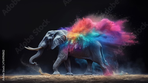  A majestic elephant, artfully adorned in vibrant powders, gracefully stretches its magnificent trunk, while its spiraling tusks gleam through