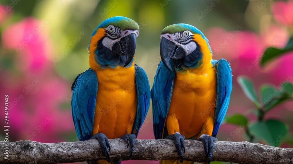  Two parrots, blue and yellow, perched on a tree branch in front of a pink-flowered tree with background blooms