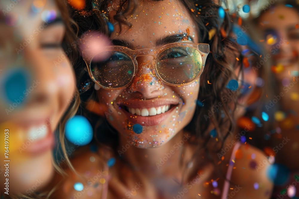Close-up of a joyful young woman with glasses covered in shiny confetti, capturing a moment of celebration and happiness Close-up of a joyful young woman with glasses covered in shiny confetti, capturing a moment of celebration and happiness