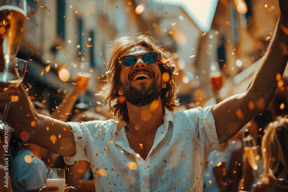 An ecstatic man with hair flowing and arms raised in joy surrounded by confetti at a lively outdoor celebration, embodying excitement and happiness An ecstatic man with hair flowing and arms raised in joy surrounded by confetti at a lively outdoor celebration, embodying excitement and happiness