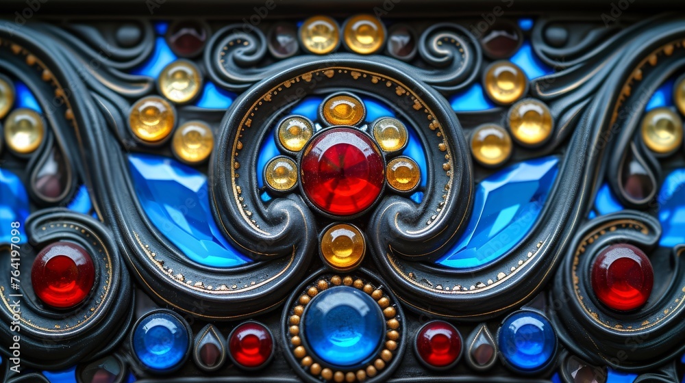  A detailed image of a vibrant glass window featuring gold, red, blue, and yellow circular patterns