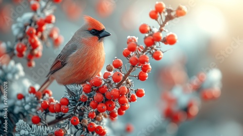  A crimson avian perched atop a coniferous tree laden with scarlet berries and pine nuts dusted in white snow © Jevjenijs