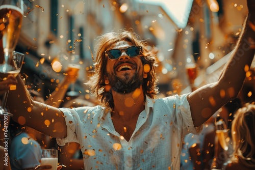 An ecstatic man with hair flowing and arms raised in joy surrounded by confetti at a lively outdoor celebration, embodying excitement and happiness