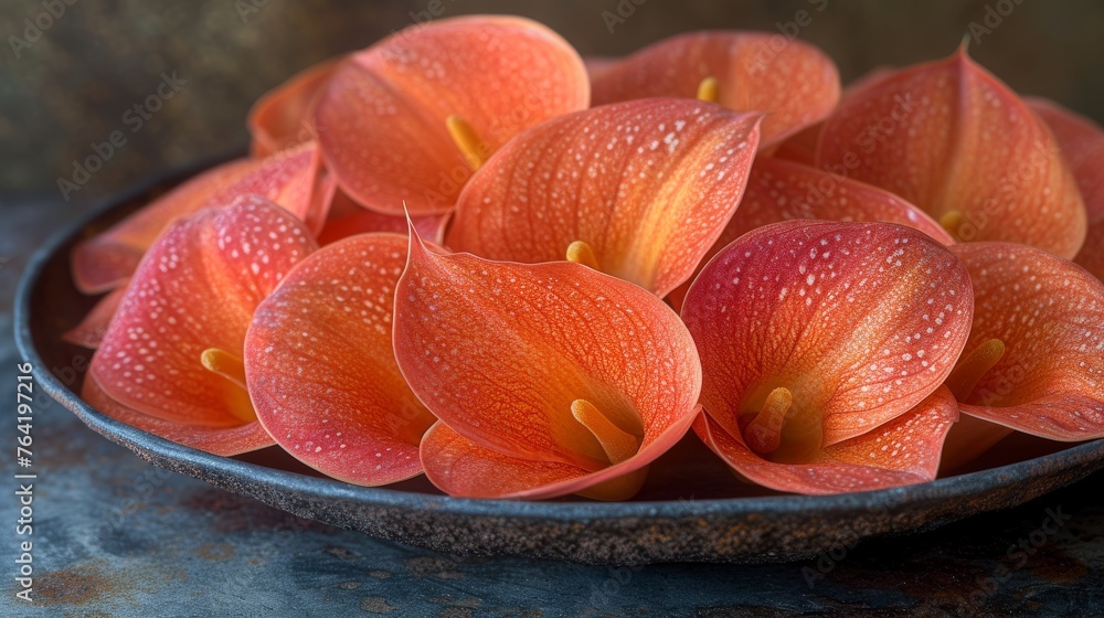 A macro shot of a flower bowl with water droplets on the petals and the petals in sharp focus A macro shot of a flower bowl with water droplets on the petals and the petals in sharp focus