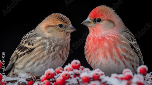  A pair of birds perched atop a mound of snow-covered land surrounded by berries
