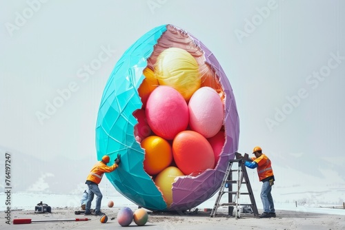 Men Crafting a Colossal Egg on the Shore.