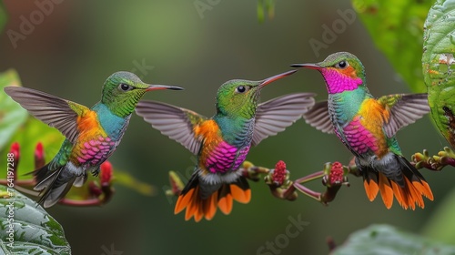  Three hummingbirds perched on a limb, with open beaks and spread wings, amidst emerald foliage