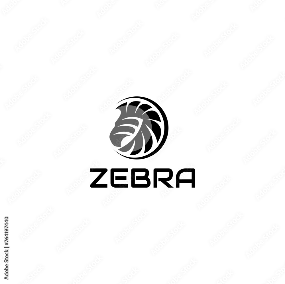 Zebra head logo vector illustration. Front view silhouette african zebra portrait striped black and white skin typography design element