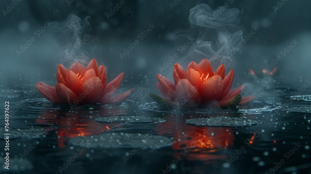  Two red lilies float on water, droplets below