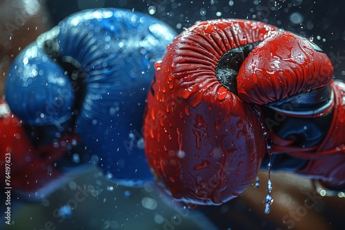 Close-up of red boxing gloves with visible water droplets, symbolizing effort and challenge © svastix