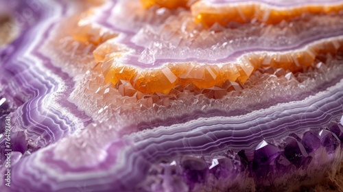  A close-up of a purple and orange agate with a repeating pattern of alternating colors