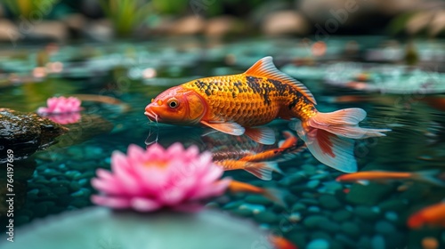  Koi fish gracefully swimming in pink lily-filled pond, surrounded by rocky backdrop