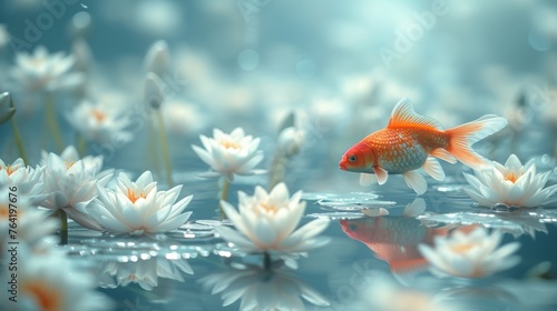  A golden fish swimming in a crystal-clear water pond surrounded by beautiful white blooms and vibrant water lilies against a clear blue sky backdrop