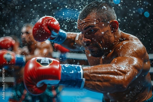 Dynamic image of a boxer's punch captured in motion, water spraying dramatically