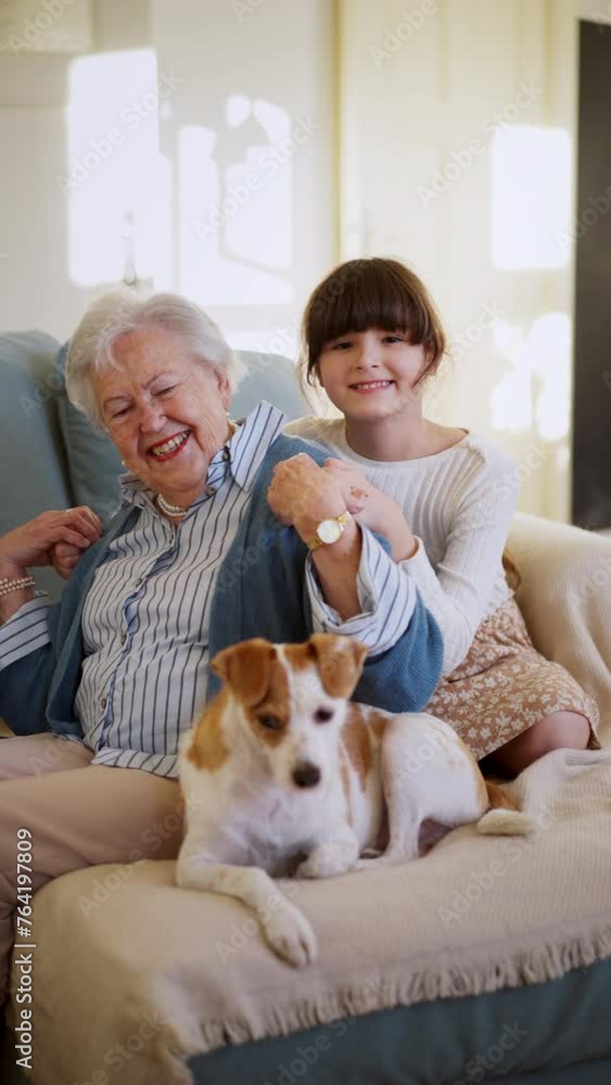Video of elderly woman spending time with granddaughter, smiling, looking at camera. Grandmother with cute girl and dog at home. Video of elderly woman spending time with granddaughter, smiling, looking at camera. Grandmother with cute girl and dog at home.