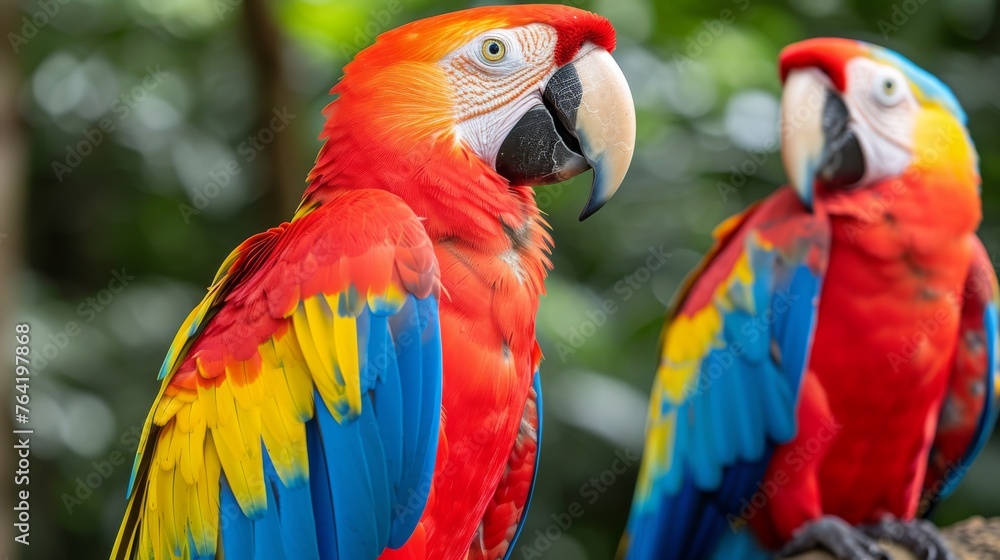  A close-up photo of two parrots on a tree, set against a background of lush trees