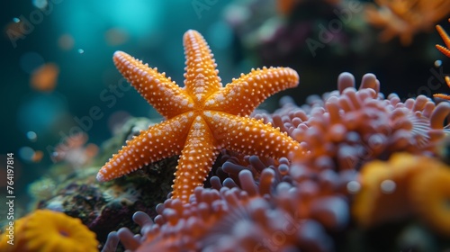  Coral reefs in the backdrop, close-up of a starfish on a coral © Jevjenijs