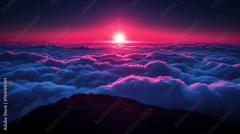  The sun sets behind the distant mountains, casting a pink-and-blue sky over the cloudy horizon