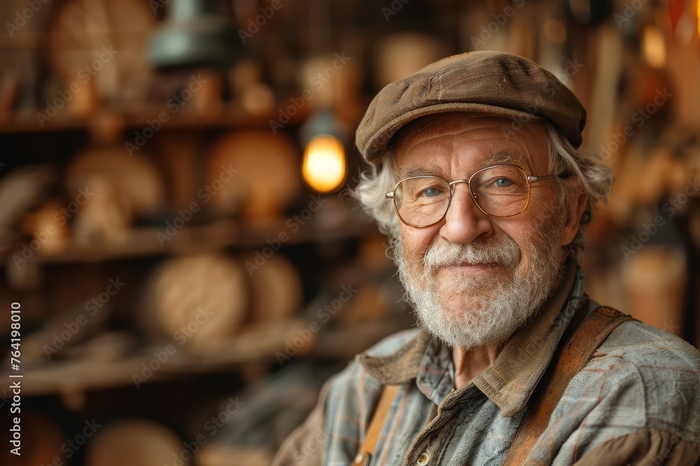 Elderly craftsman with a cap and glasses in a well-equipped carpentry workshop Elderly craftsman with a cap and glasses in a well-equipped carpentry workshop