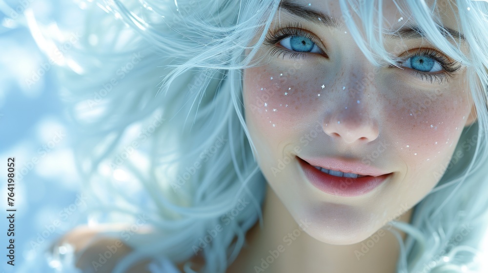 A portrait of a woman with white hair, blue eyes and freckled skin A portrait of a woman with white hair, blue eyes and freckled skin