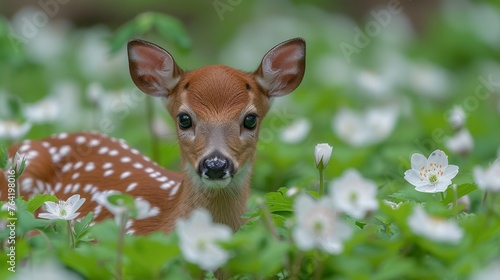  Small deer in flower-filled field, blurred grass and flowers background