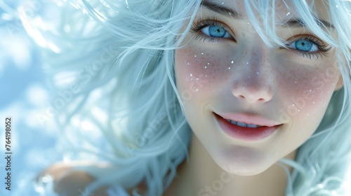  A portrait of a woman with white hair, blue eyes and freckled skin