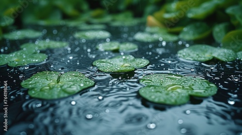  Water lilies float atop green  droplet-covered pond