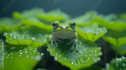  A photo of a frog on a leaf with water drops on its back and a blue sky in the distance