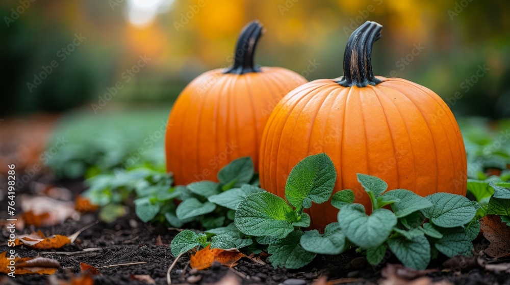 A pair of pumpkins rest atop a field of dirt near a lush, green foliage plant A pair of pumpkins rest atop a field of dirt near a lush, green foliage plant