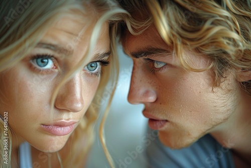A young woman and man exchanging deep looks in a close-up portrait