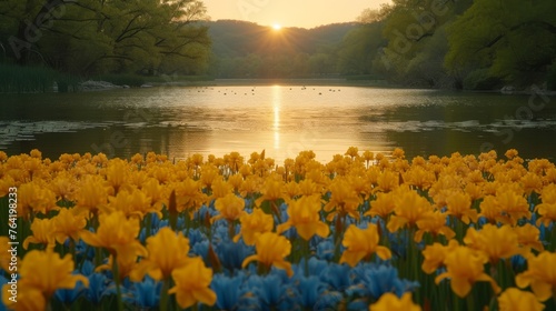  A picturesque scene of vibrant yellow and blue flowers, a serene body of water, towering trees, and a stunning sunset photo