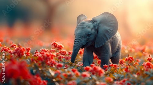  A red flower field with a baby elephant facing the sun, its trunk raised