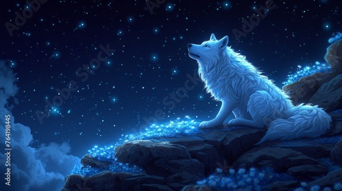 A white wolf perched on a rocky peak at dusk, bathed in a star-studded sky and illuminated by a full moon