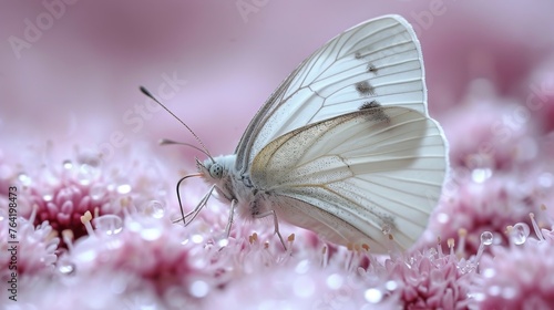  A close-up image of a white butterfly on pink flowers, featuring droplets of water on its wings and wings © Jevjenijs
