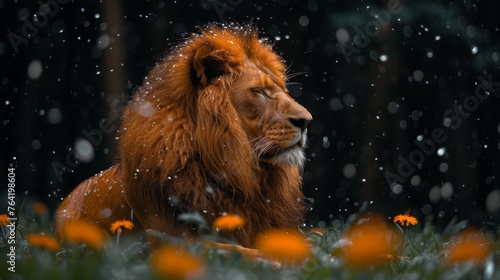  A close-up of a lion resting amidst a field of flowers, as snowflakes fall softly in the distance and tall trees frame the scene © Jevjenijs