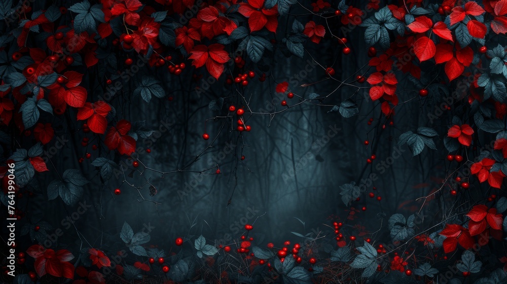  A painting of a dark forest with red berries growing on tree branches and a foggy sky in the backdrop