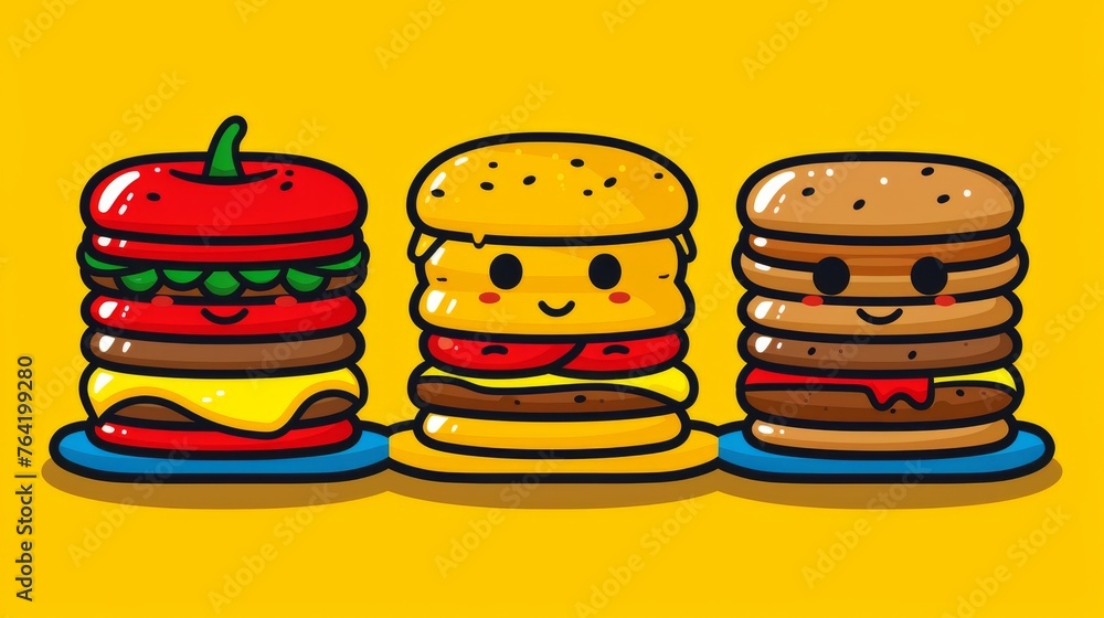 multiple hamburgers stacked on a blue plate against a yellow backdrop multiple hamburgers stacked on a blue plate against a yellow backdrop