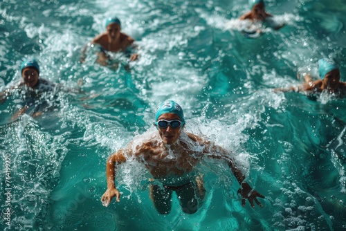 A group of competitive swimmers in action, racing in a pool with focus and determination