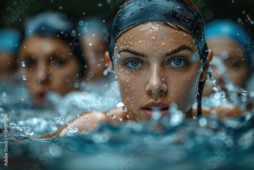 Close-up of an intense female swimmer with goggles, focused and prepared to compete in a swimming race © svastix