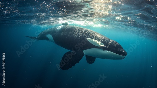  An orca whale  known scientifically as Delphinapterus leucas  gracefully swims beneath the cerulean waves of an open ocean Sunlight dapples