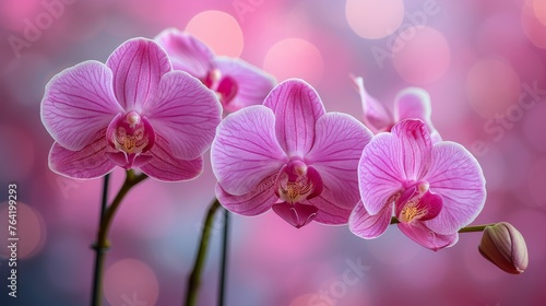 A collection of vibrant pink blossoms resting atop a table near a dual-colored wall with an out-of-focus backdrop