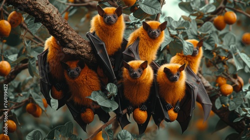  A cluster of bats perched atop an orange-laden tree, adorned with numerous fruits dangling from its limbs