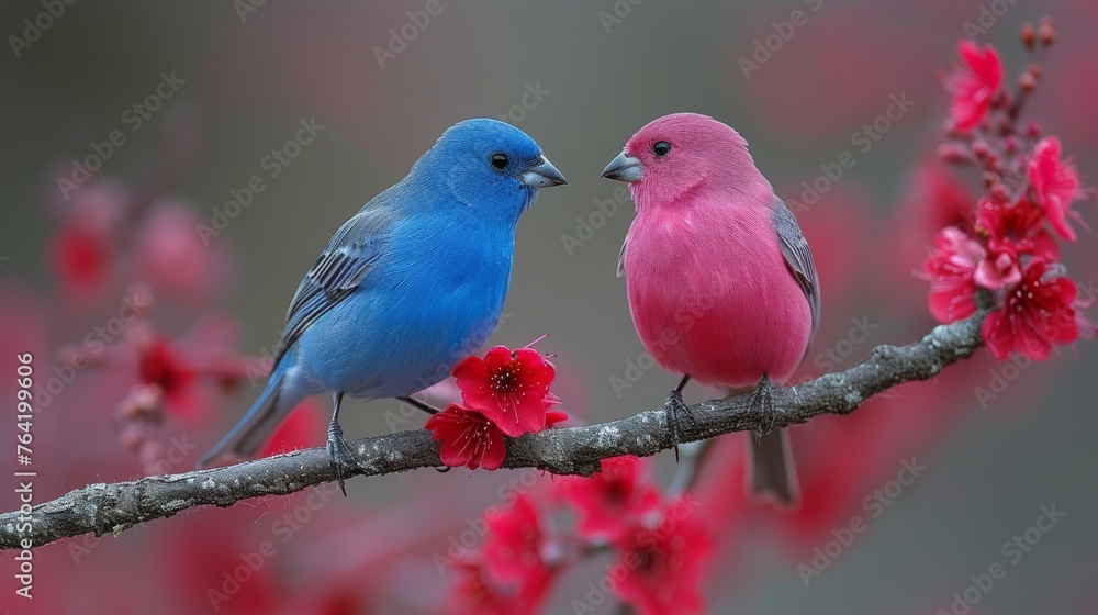  Two birds perched on a tree limb adjacent to red blossoms